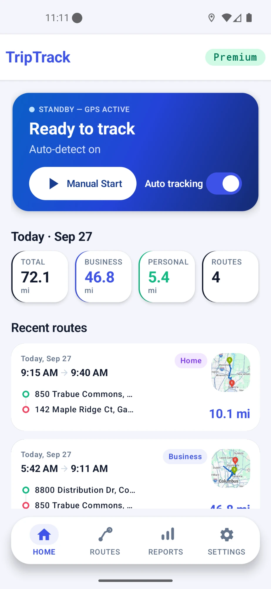 Milelap mileage tracking app home screen showing automatic tracking and recent routes