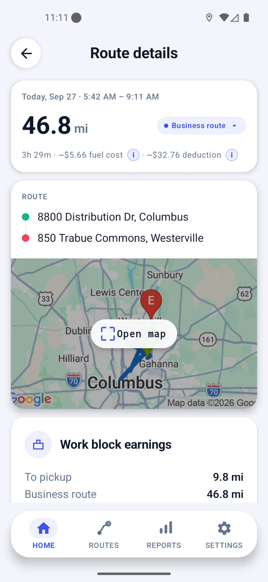 Milelap route details screen showing mileage, route classification and map